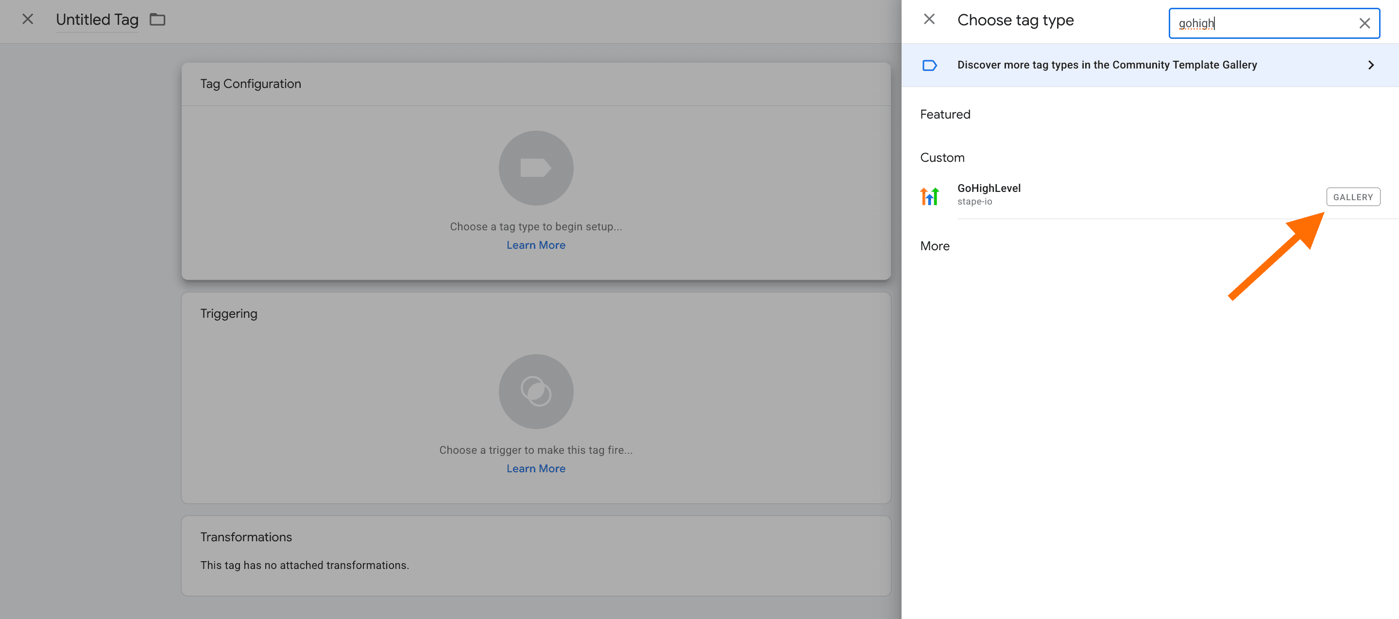 Choose as tag type GoHighLevel tag