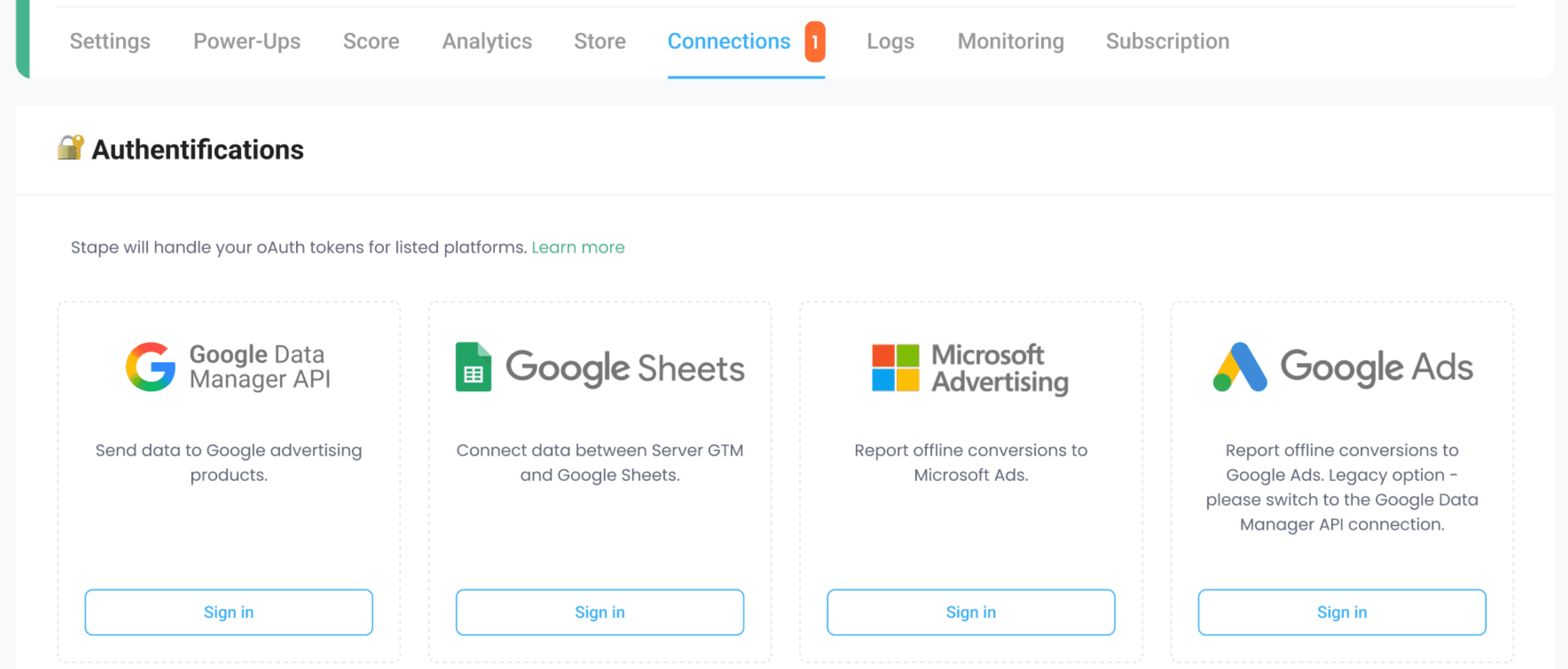Stape's "Connections" tab