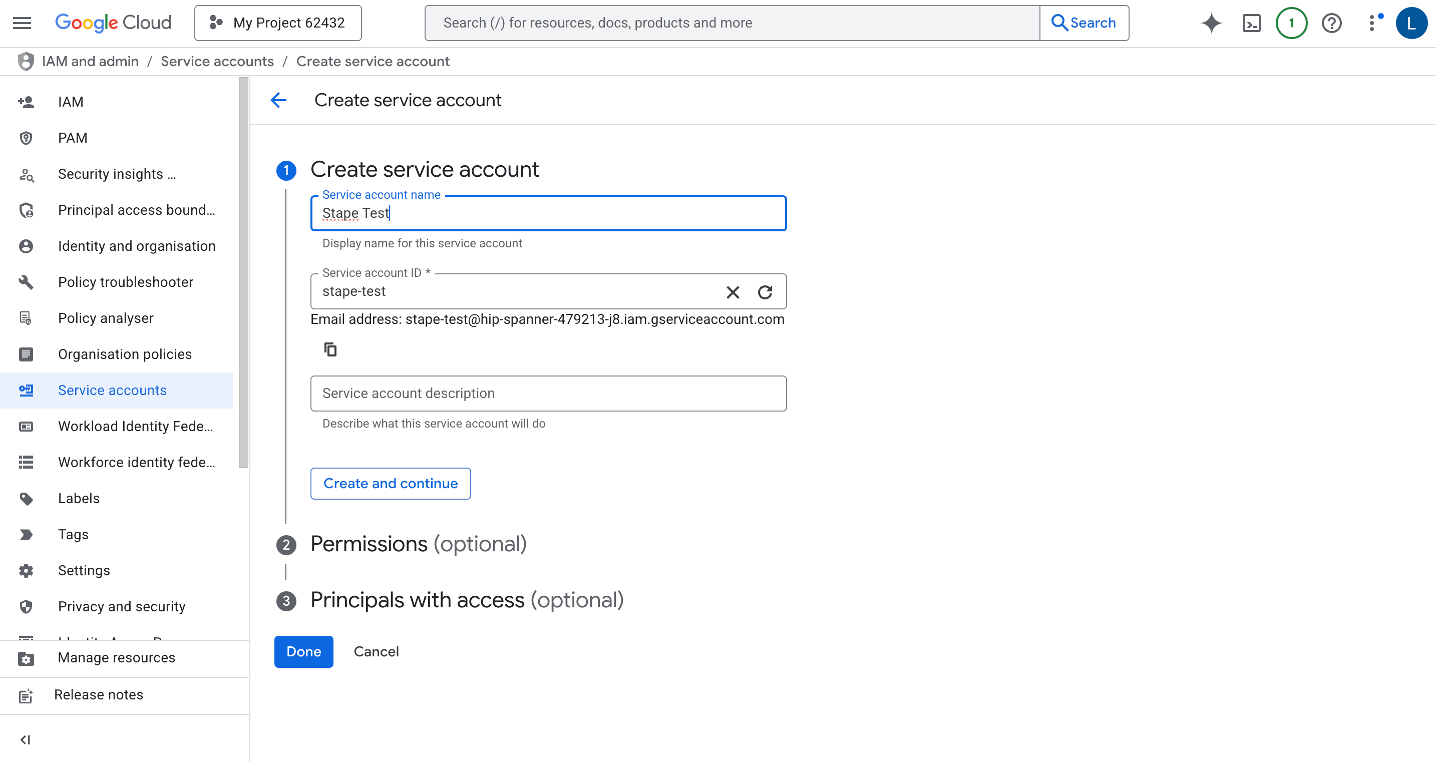 Create Service account