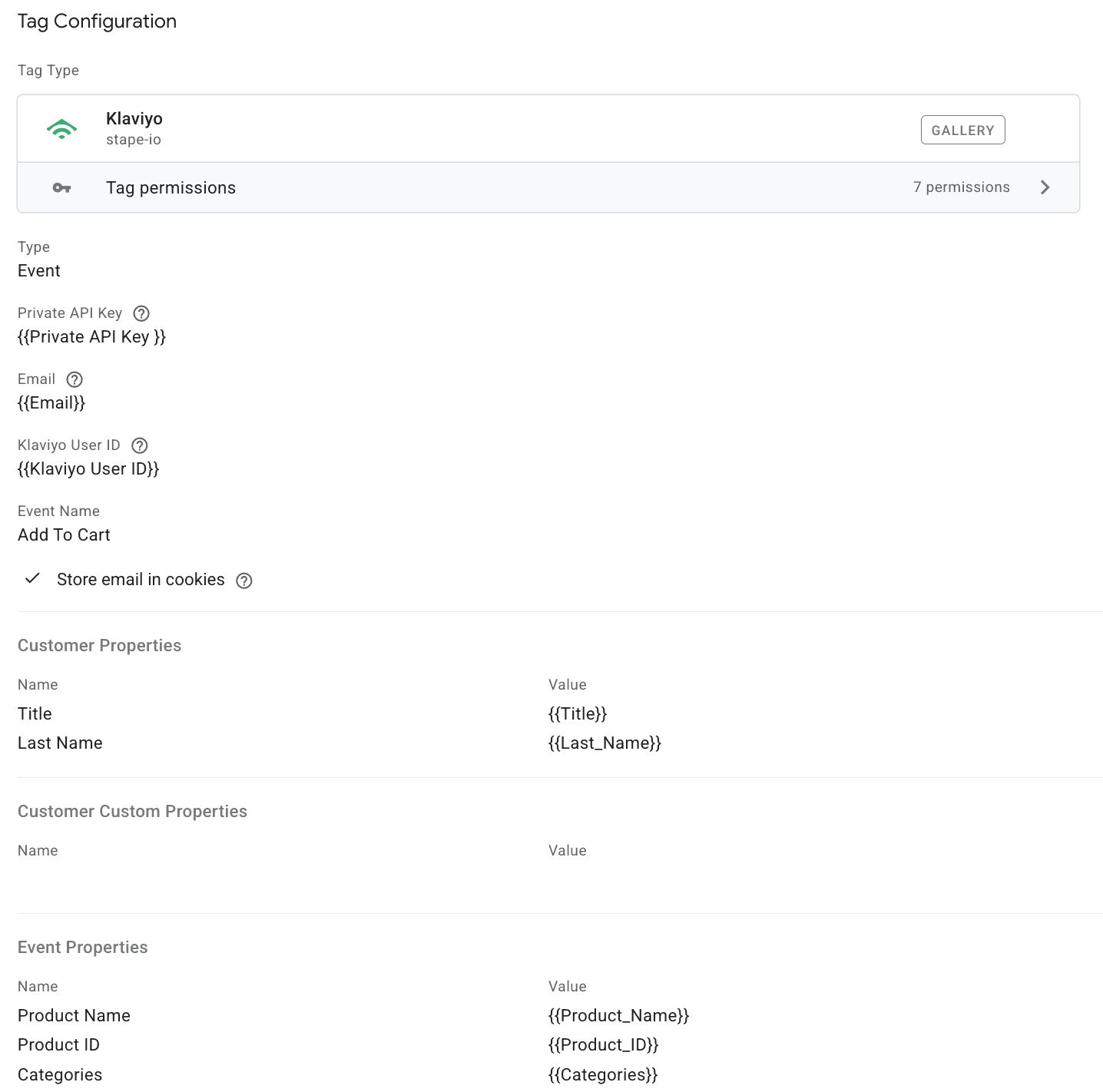 Klaviyo tag configuration example