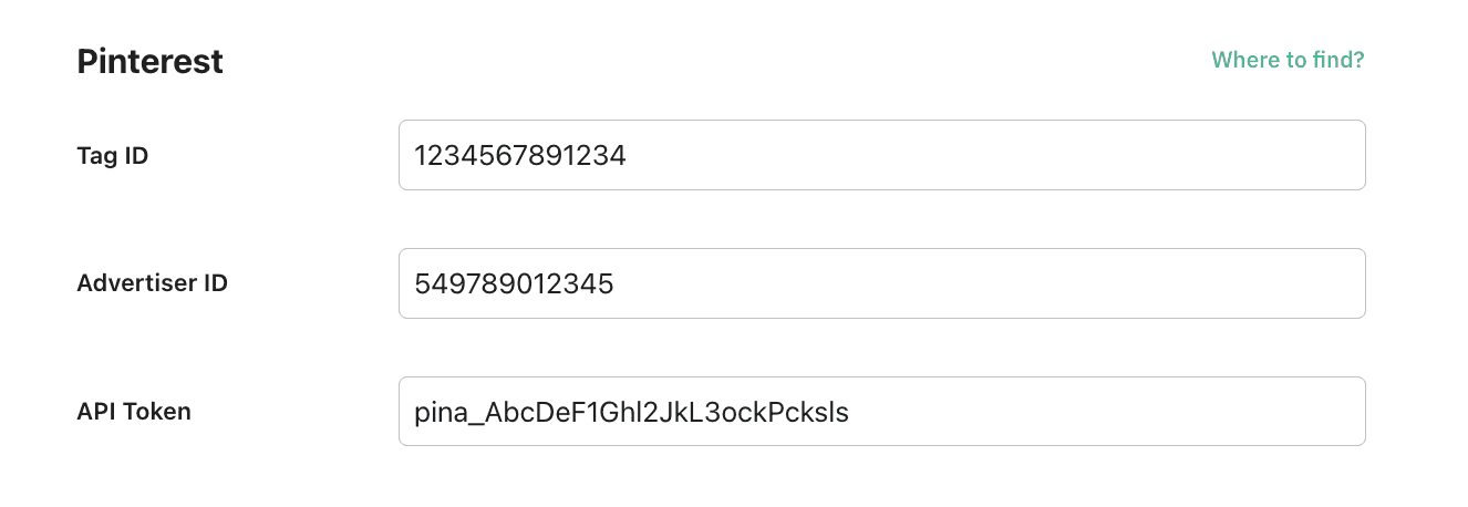 Example of Pinterest fields configuration