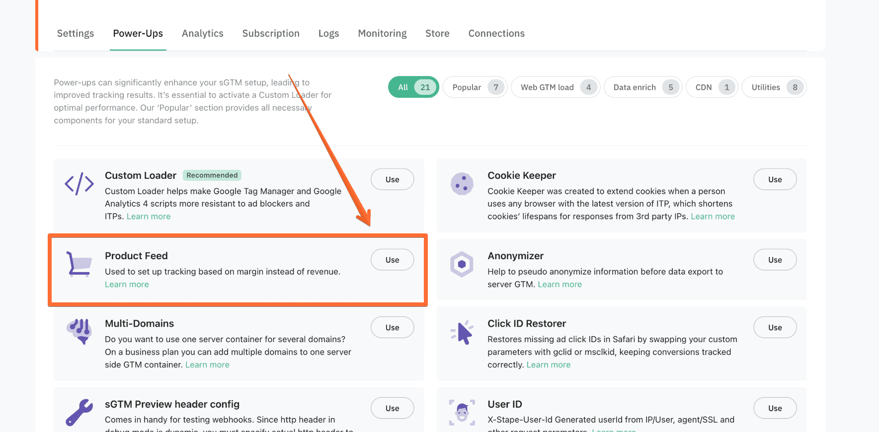 Select the Product Feed power-up
