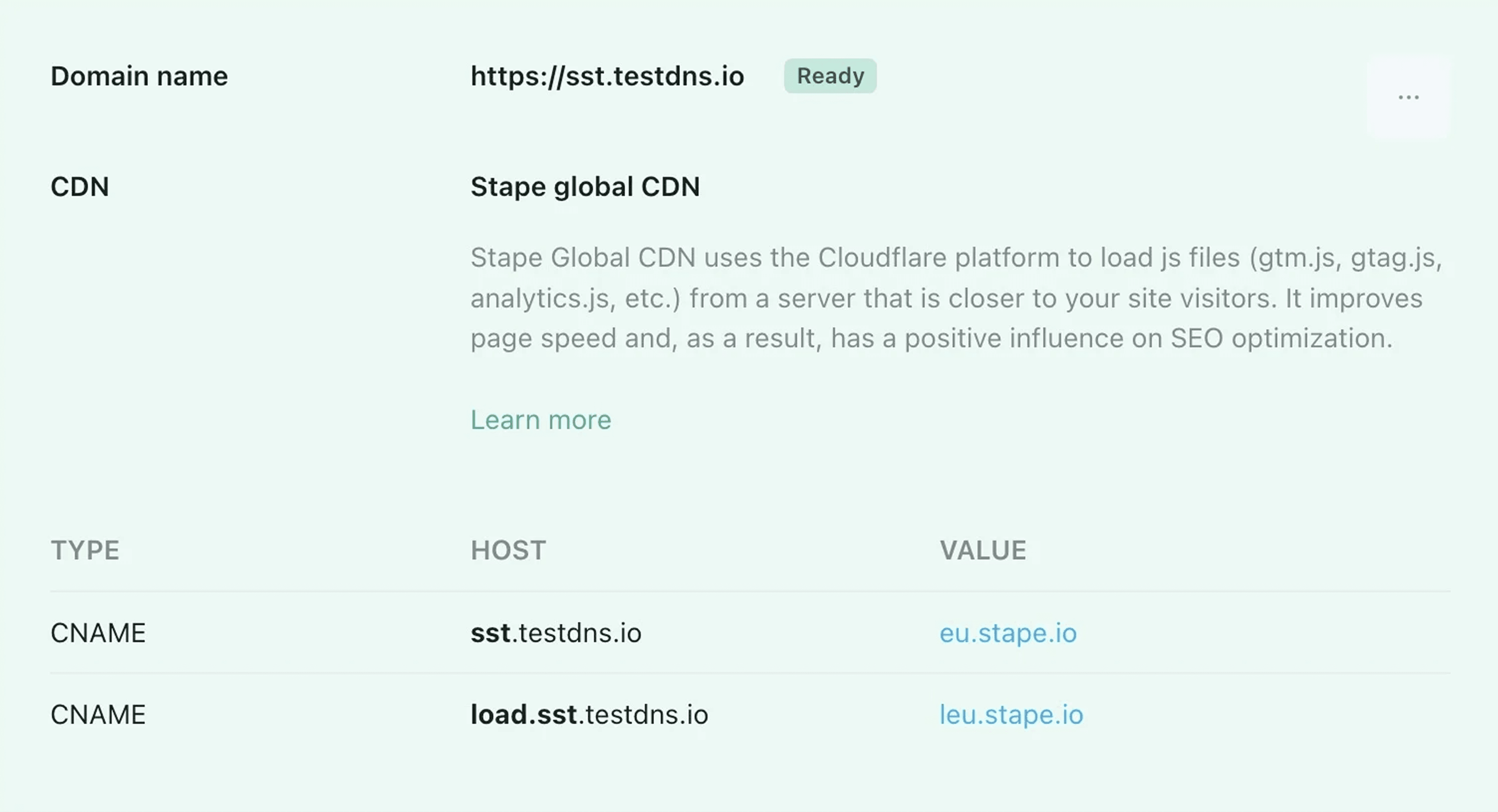 Status Ready below the tagging server URL in the Stape admin panel