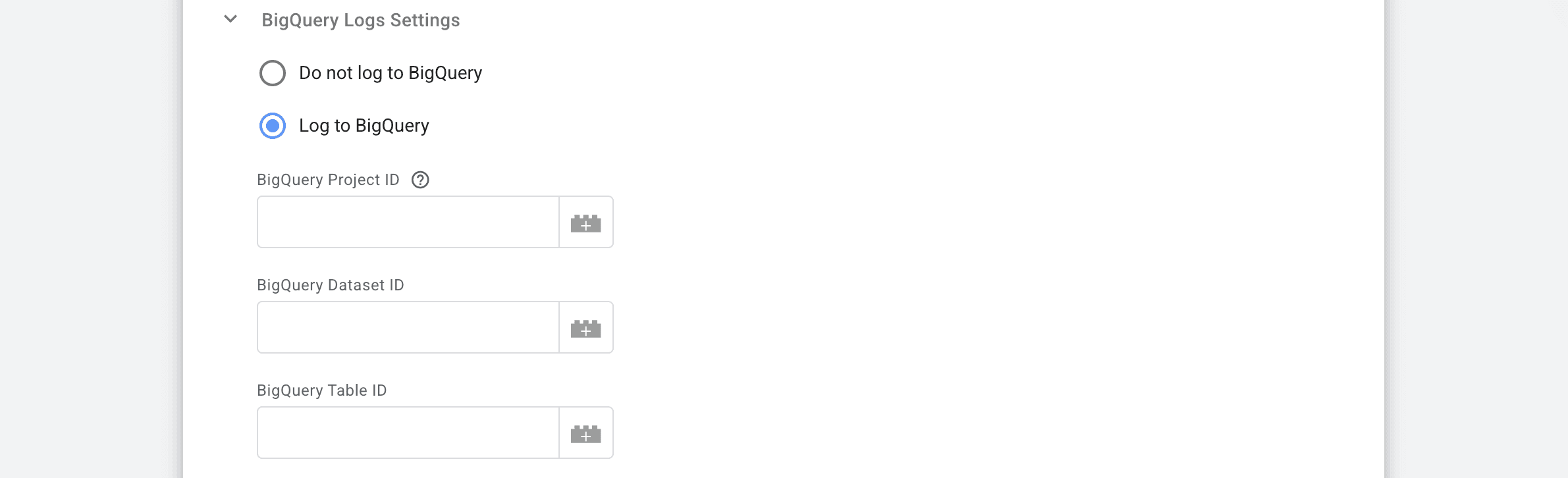 Log to BigQuery section