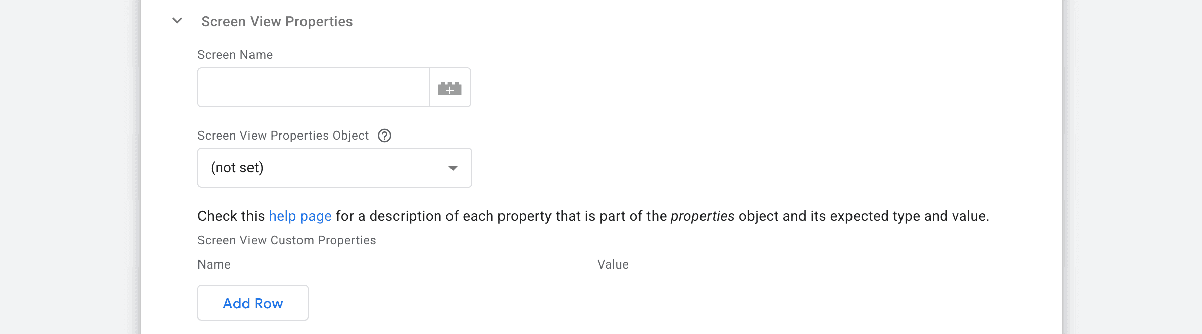 Screen View Properties form to fill out