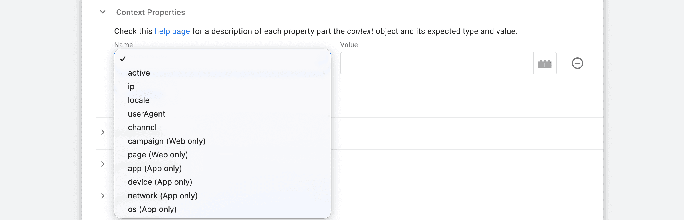 Context Properties section to fill out