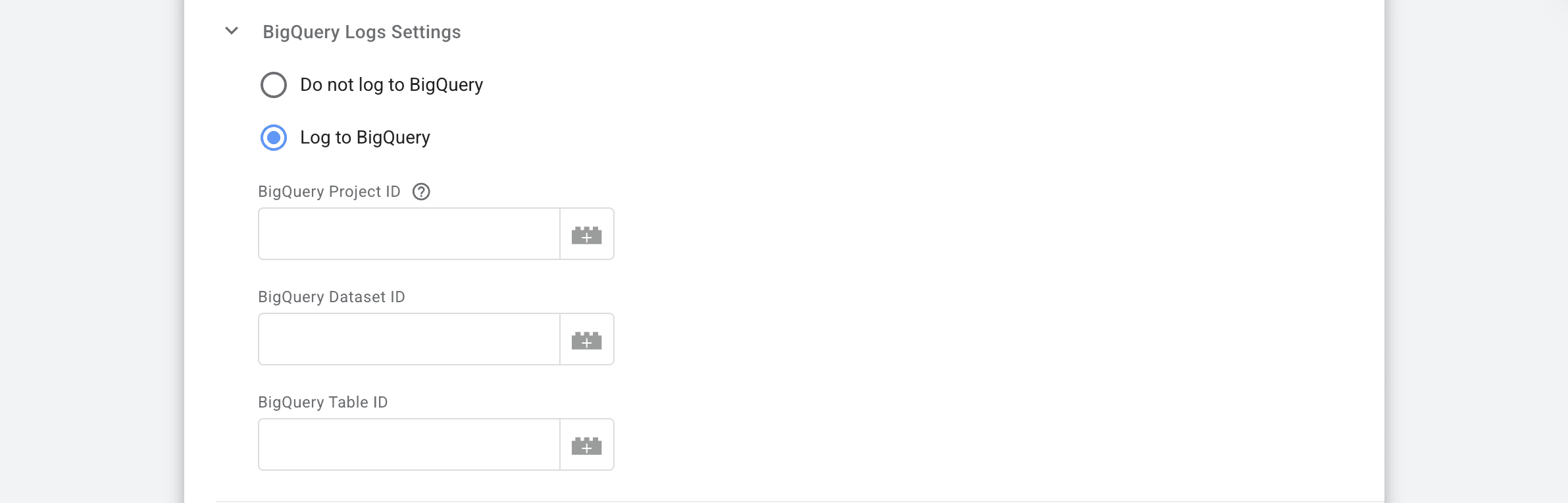 Big Query Logs Settings section to fill out