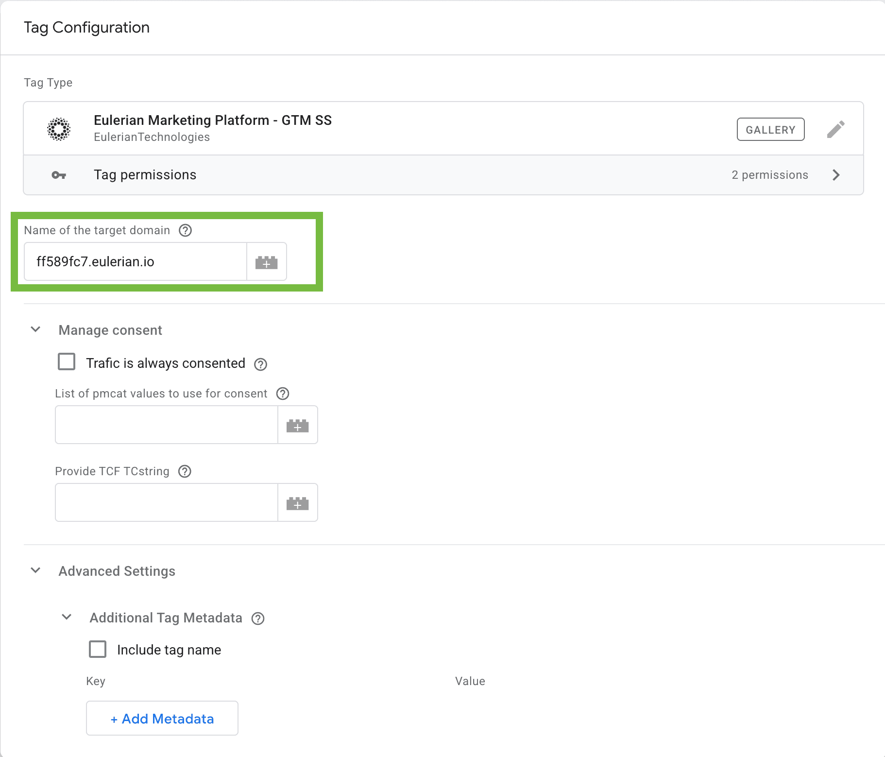 Add the target domain from your Eulerian dashboard