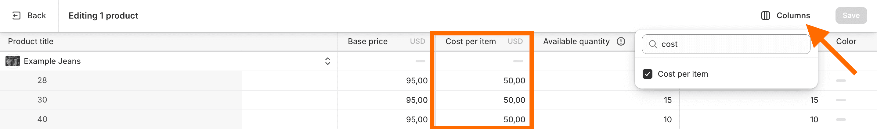 Add Cost per Item