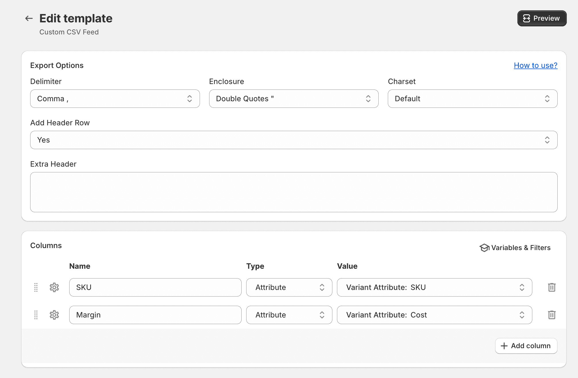 Example of template configuration