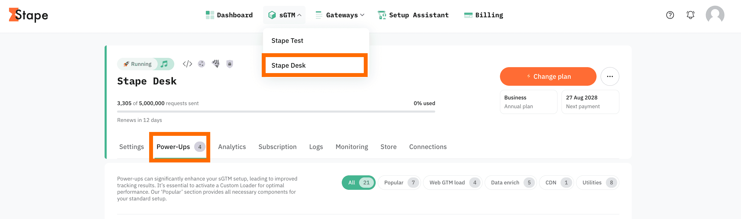 Power-ups section in Stape account