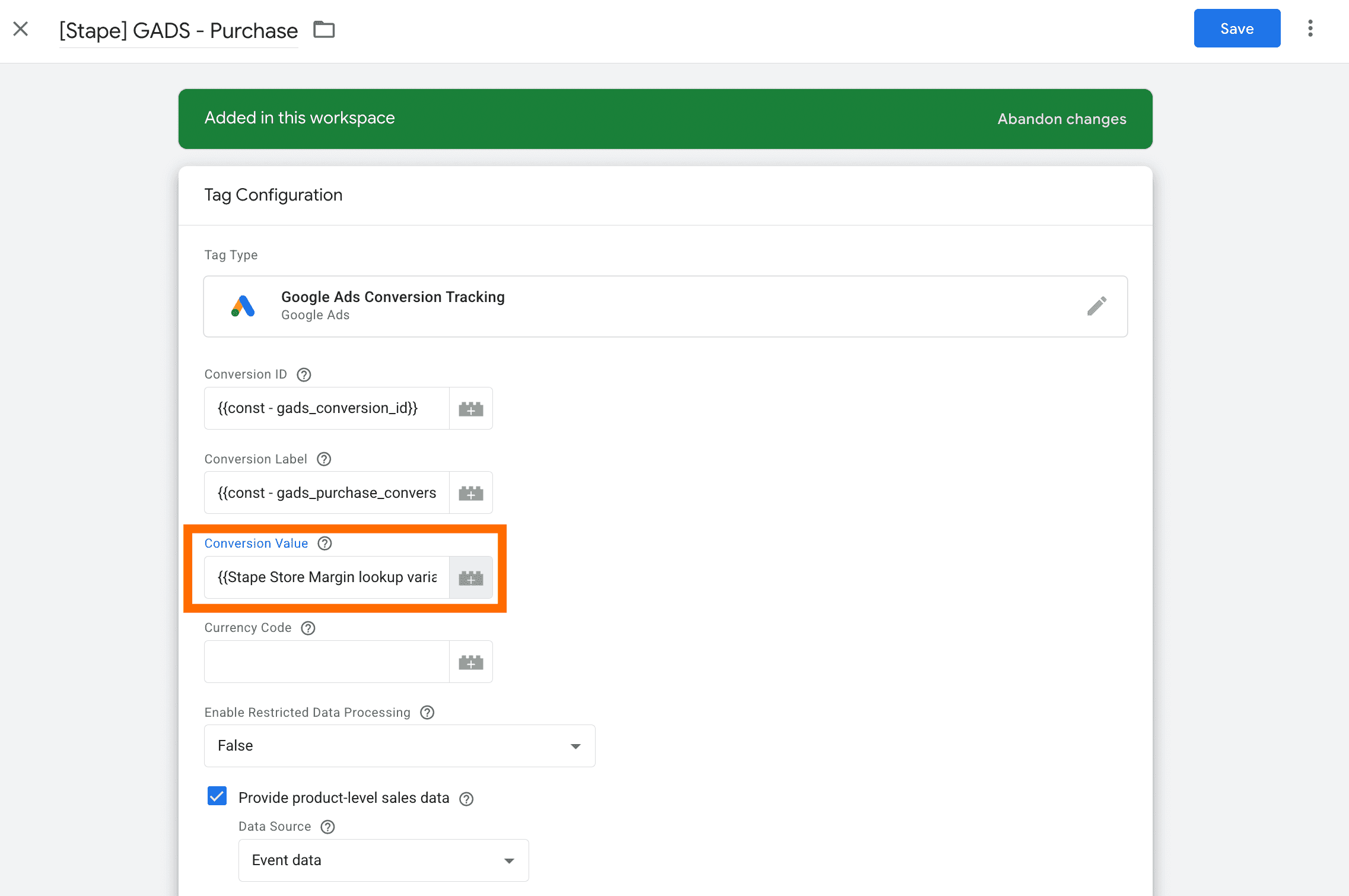 Conversion Value in Google Ads tag