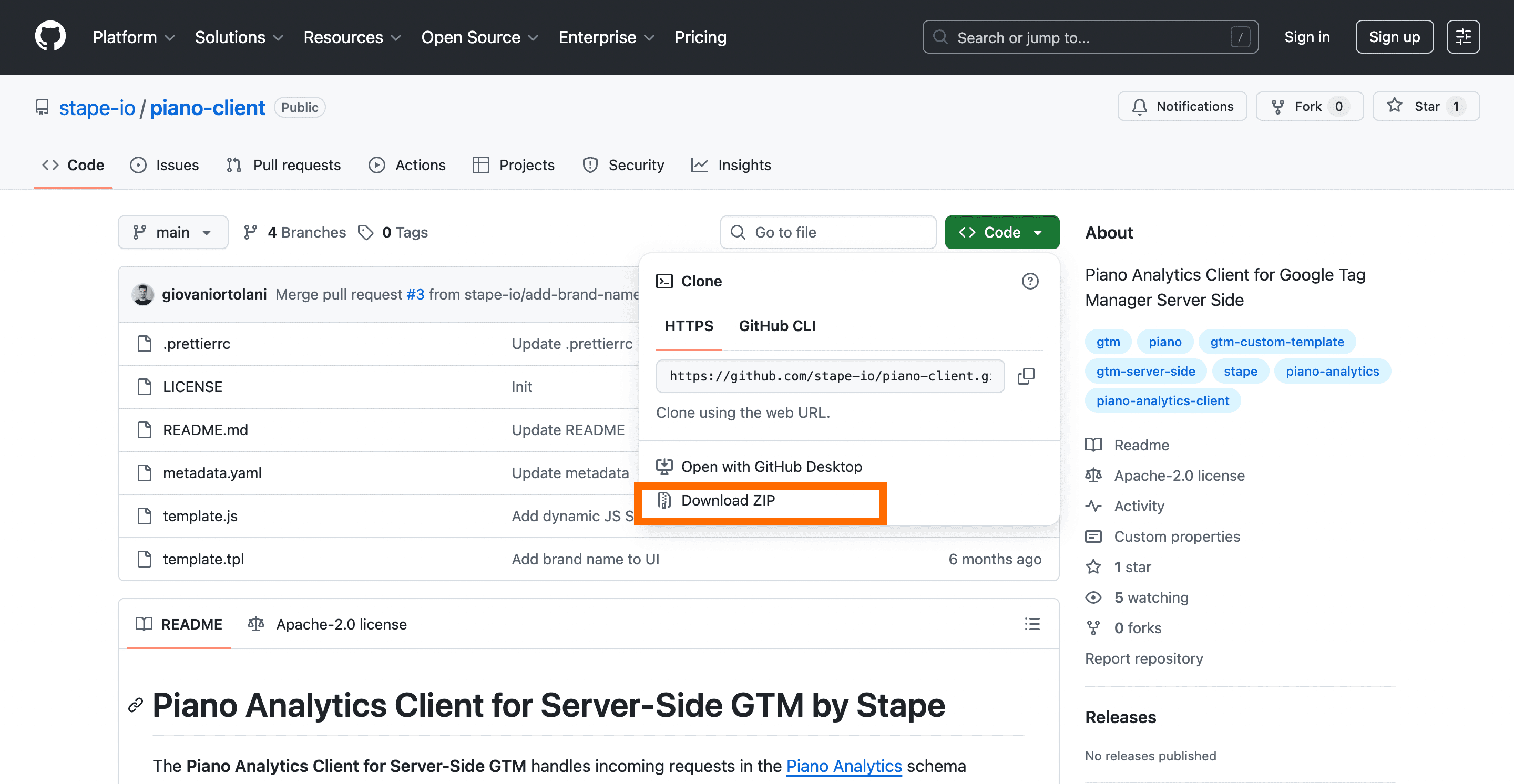 Download Piano Client template from GitHub