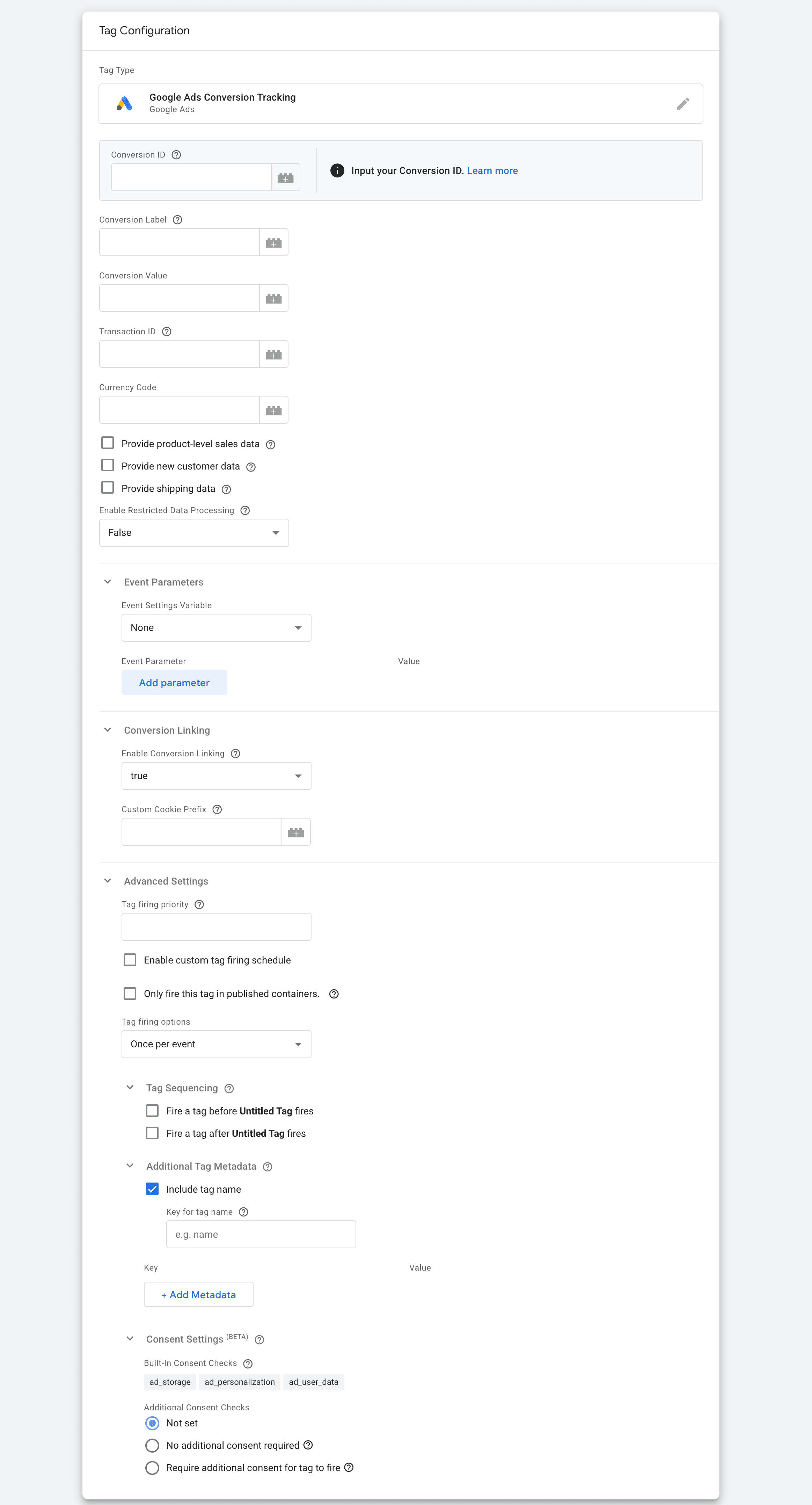 Google Ads Conversion Tracking tag form to fill out