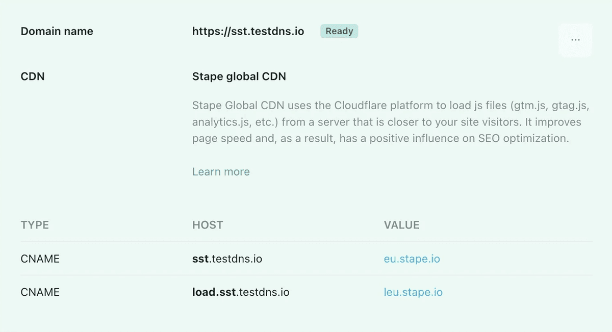 Status Ready below the tagging server URL in the Stape admin panel