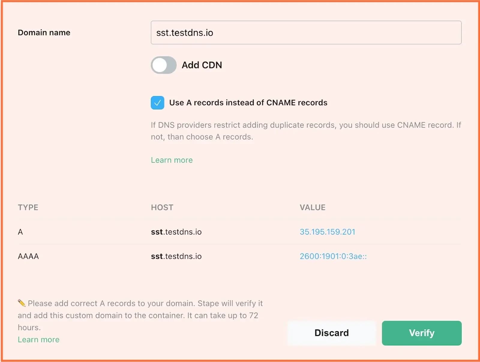 See DNS records that you should add inside your Stape container