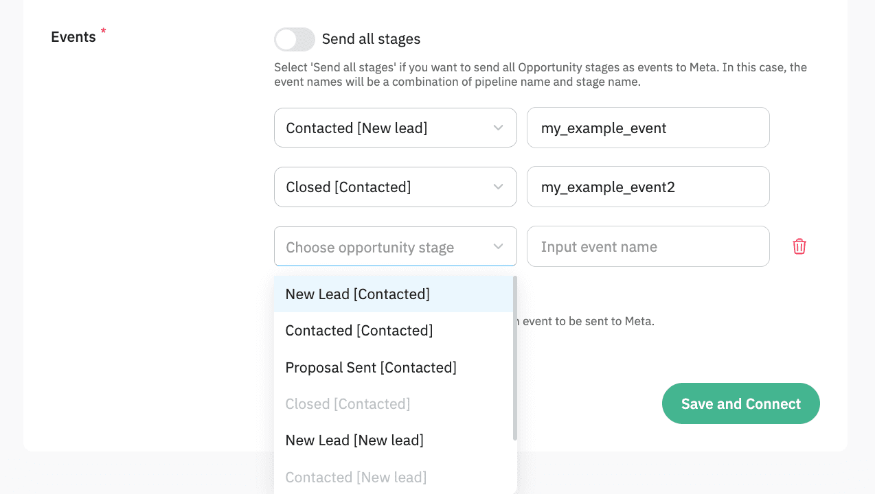 Select an Opportunity stage to trigger an event