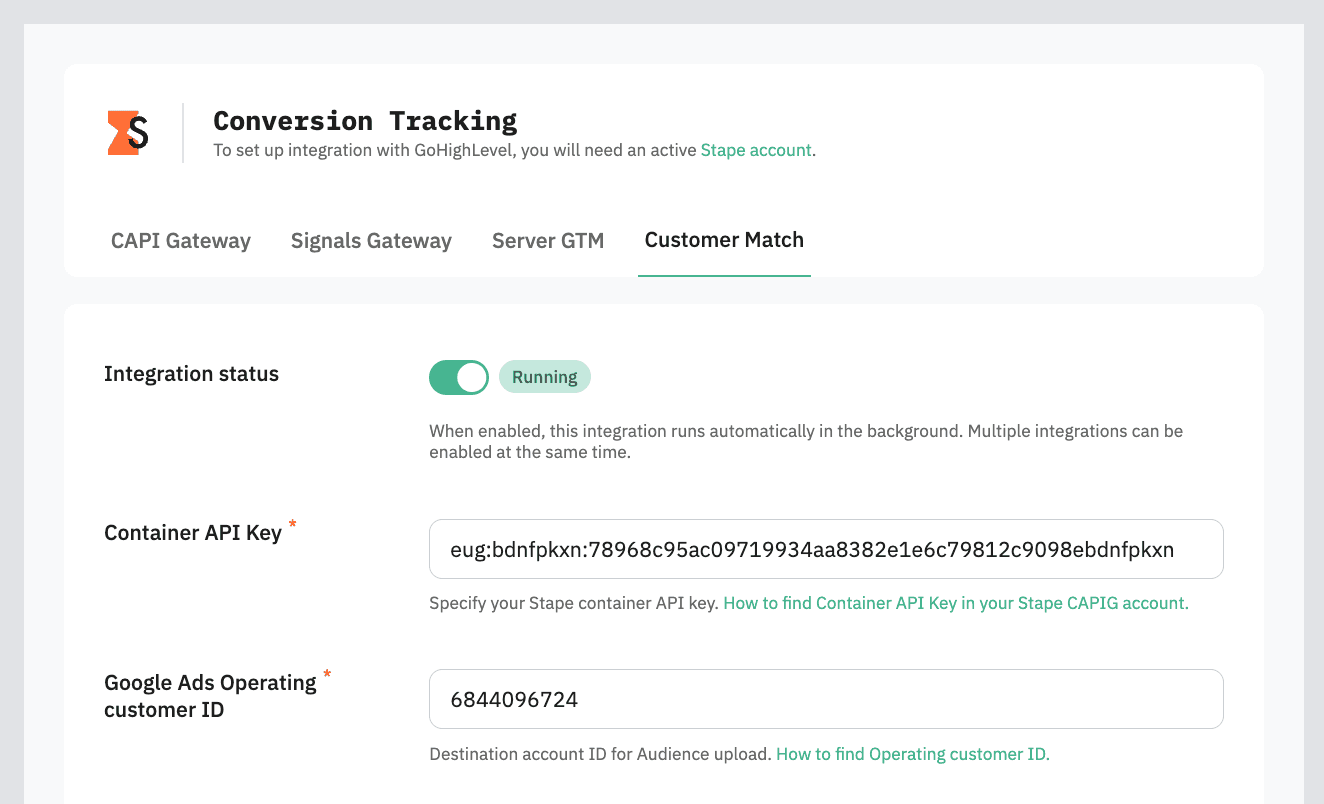 Fill in the fields in the Customer Match tab