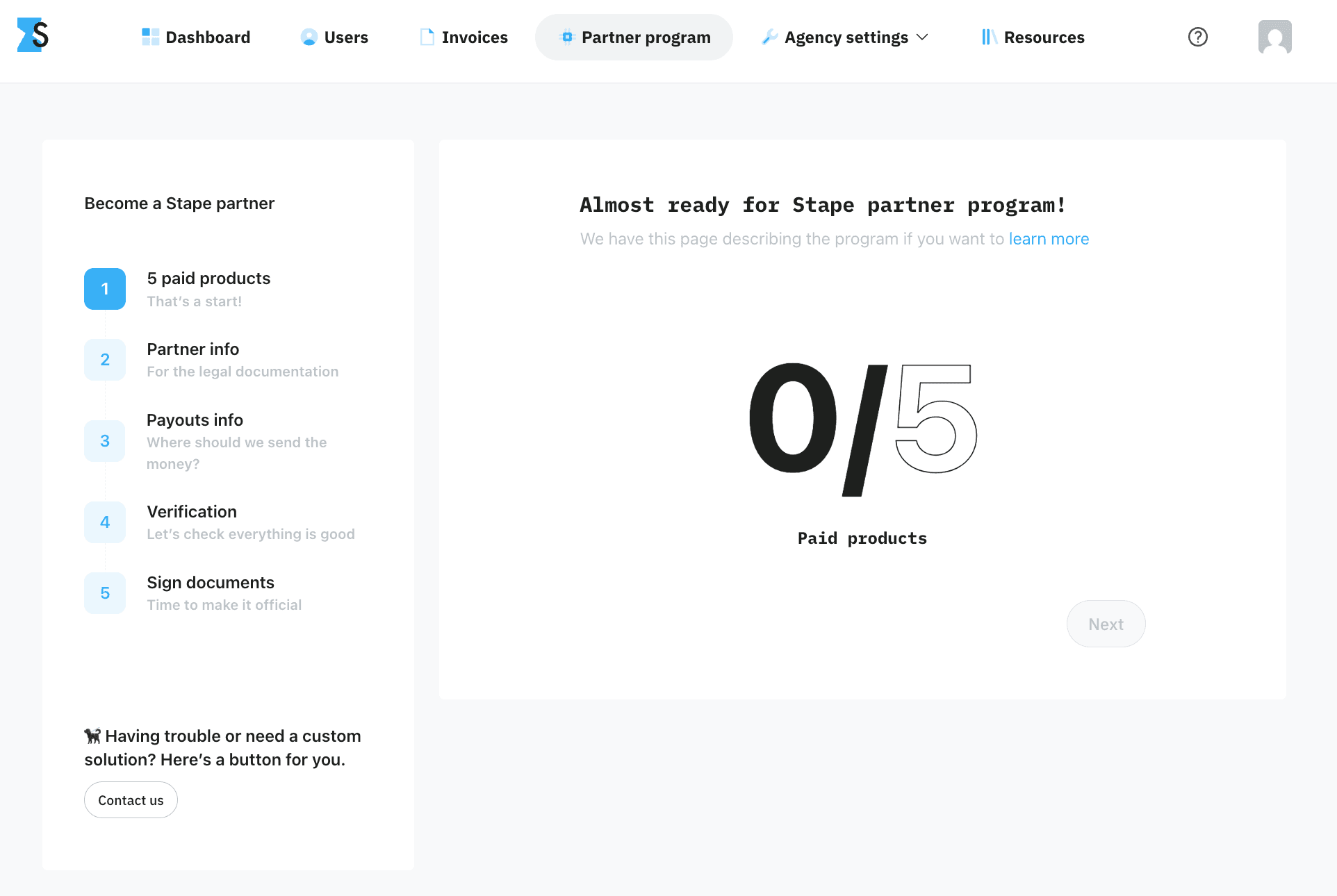 Partner program menu