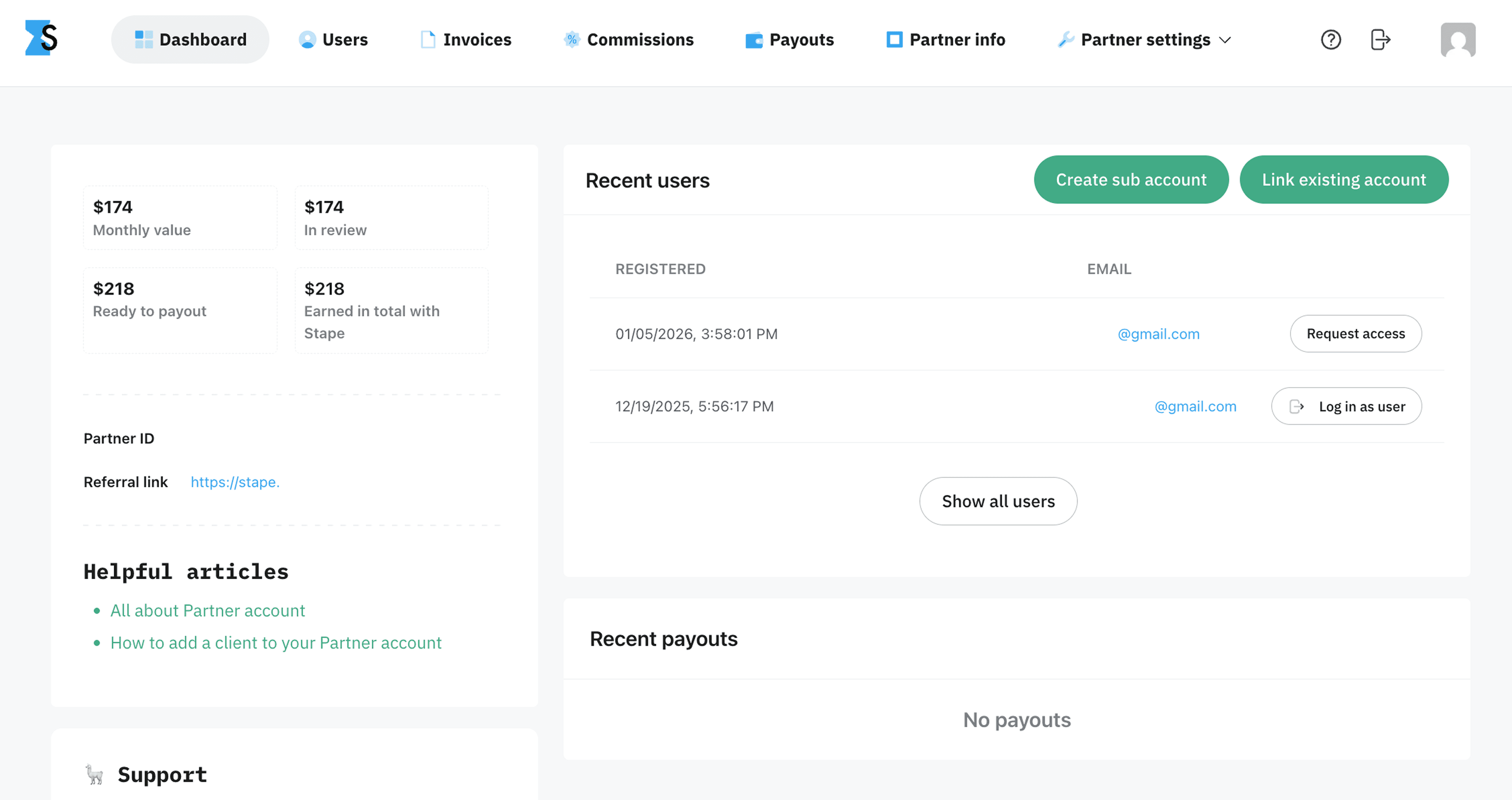Partner account dashboard