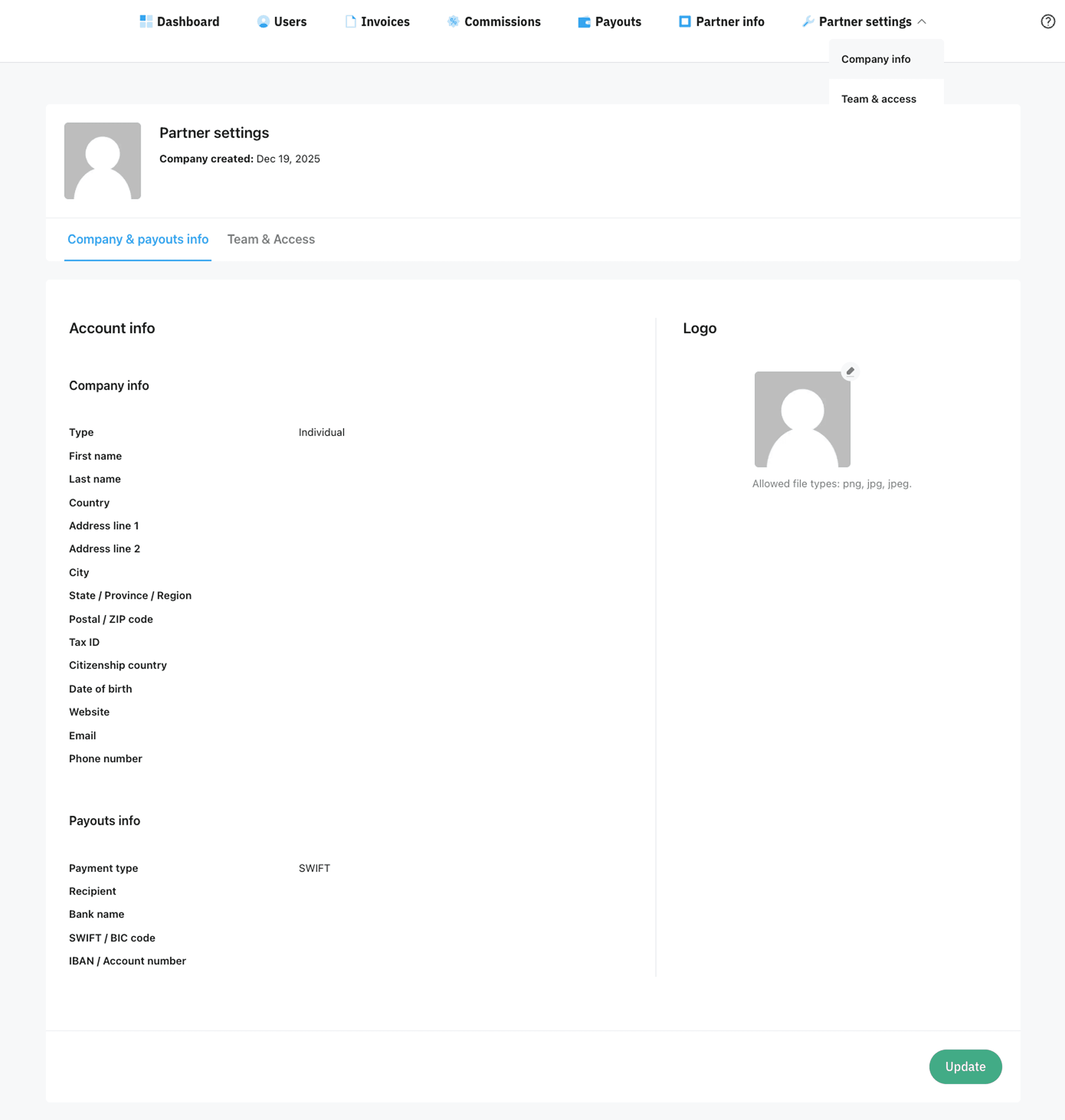 Company and payouts info menu
