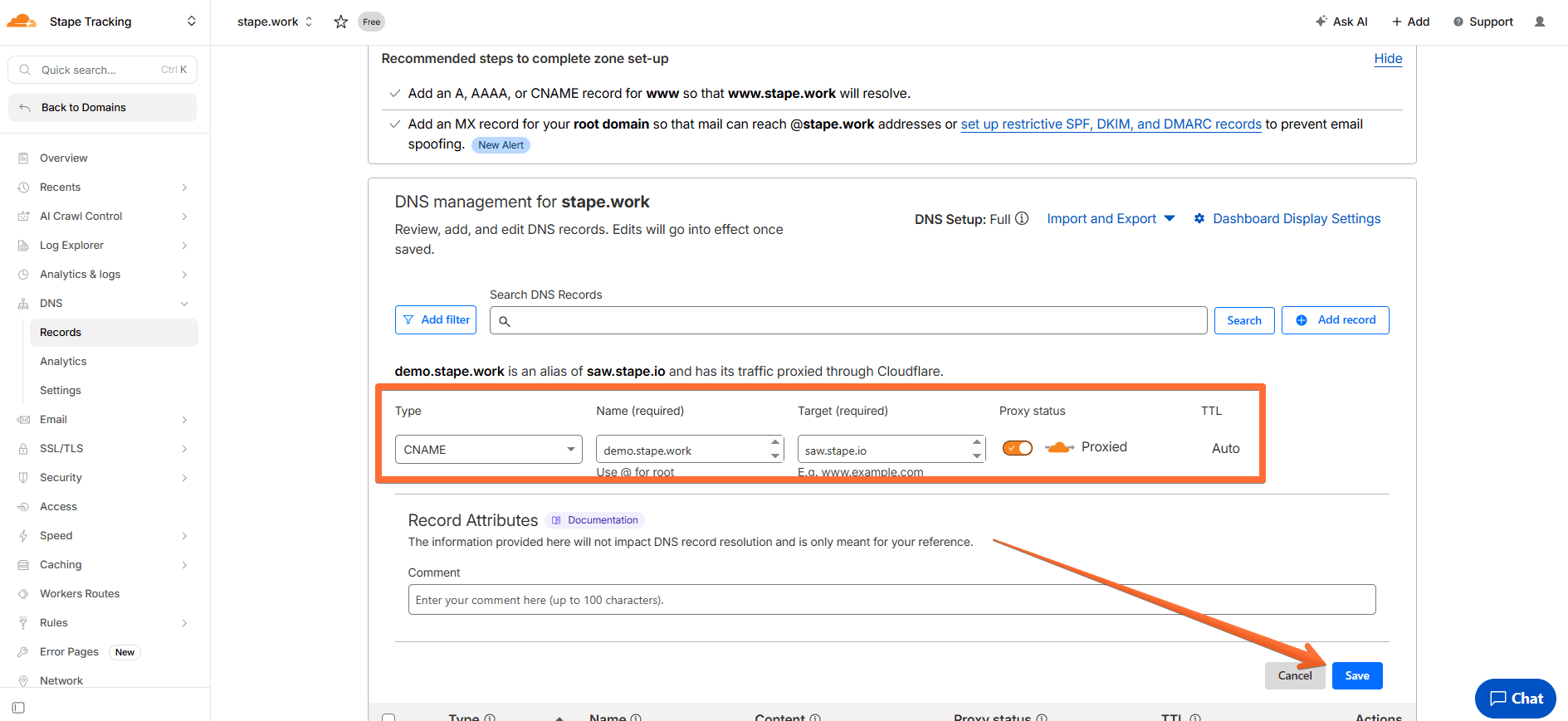 Enter the DNS records from Stape