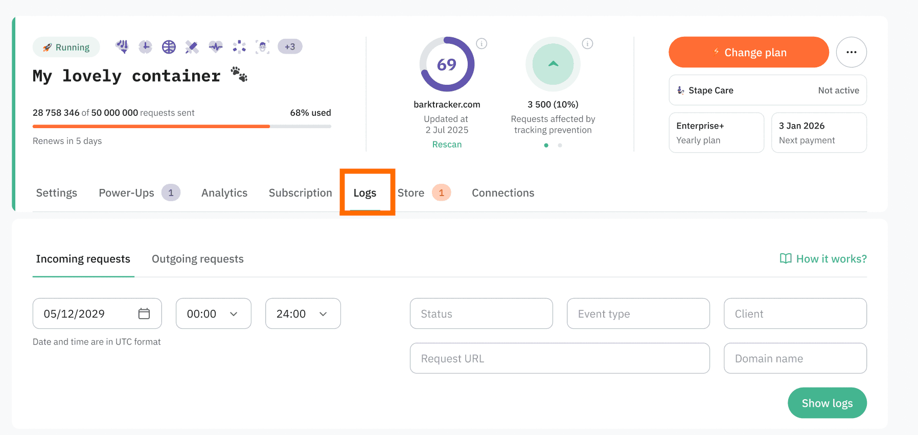 Logs feature in admin
