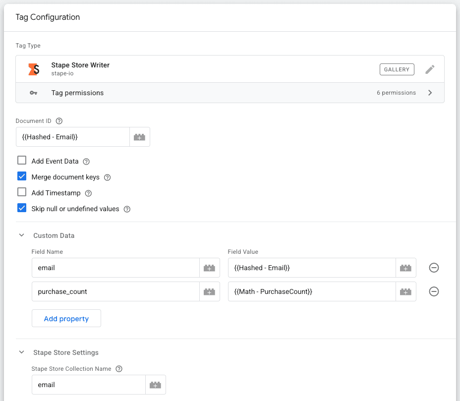 Stape Store Writer tag configuration.