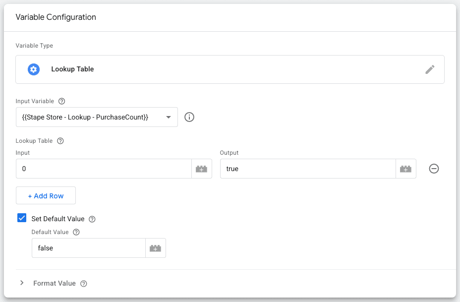 Conditional logic in the Lookup table showing purchase_count evaluation.