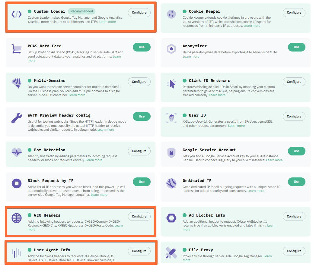 Custom Loader, User Agent Info, and GEO Headers power-ups from Stape