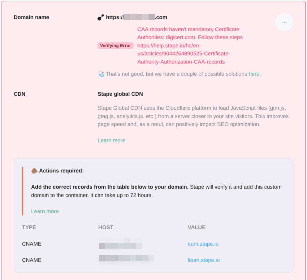 Error example without adding these CAA records 