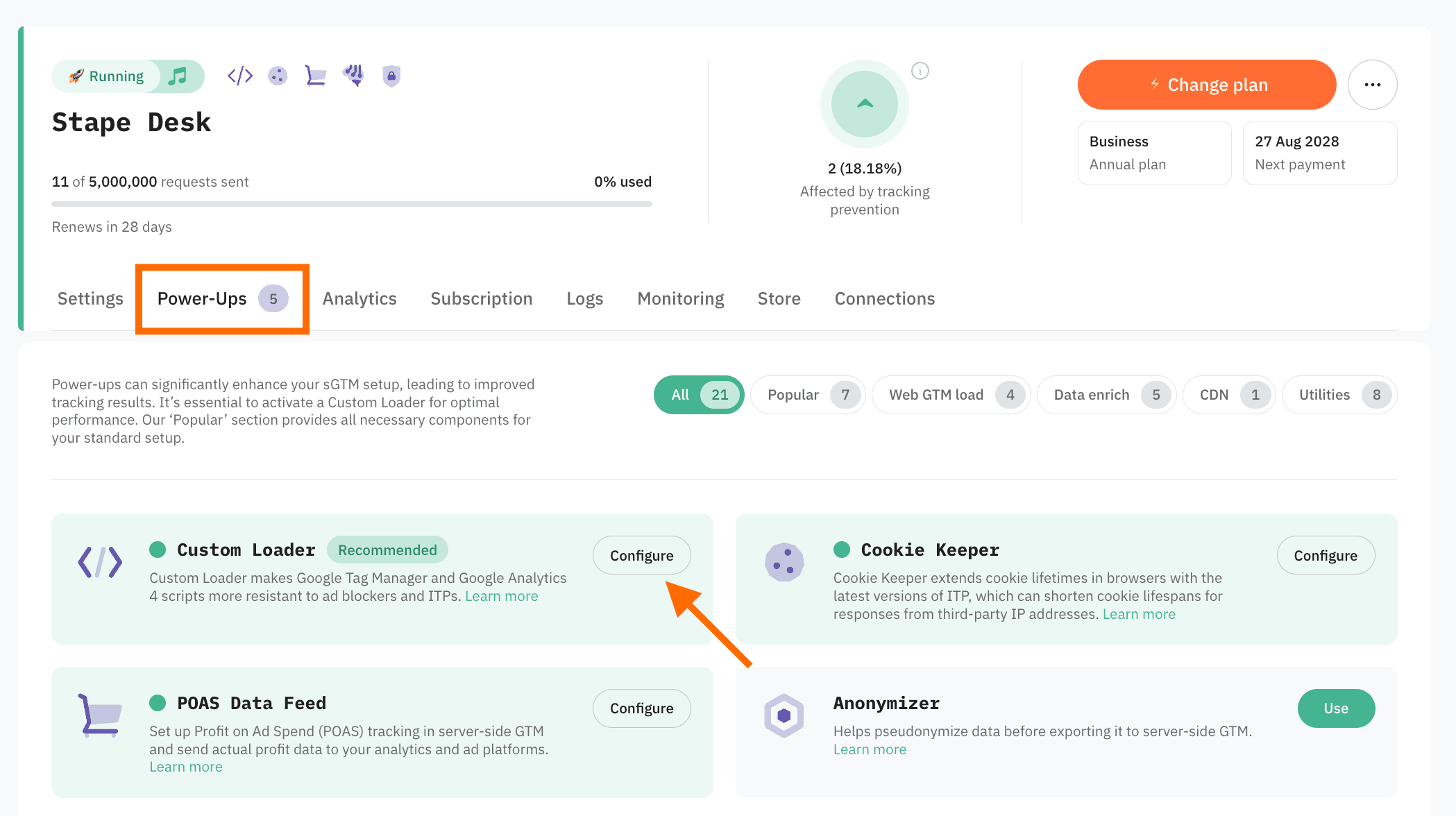 Power-ups section in Stape account