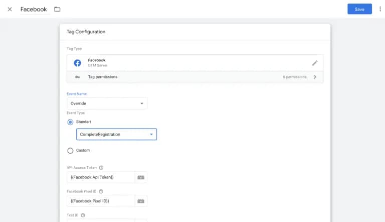 Facebook tag configuration