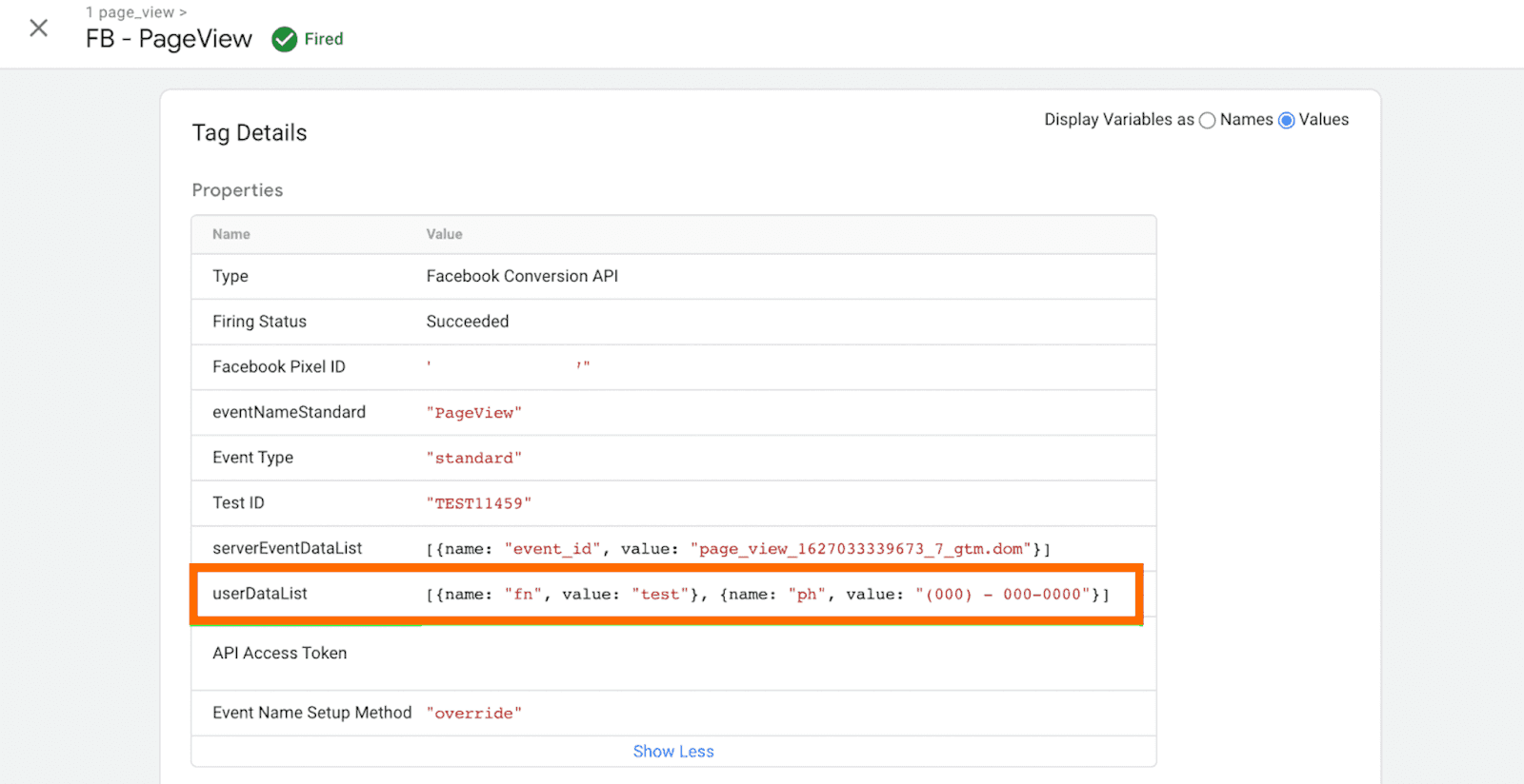 userDataList in Tag Details