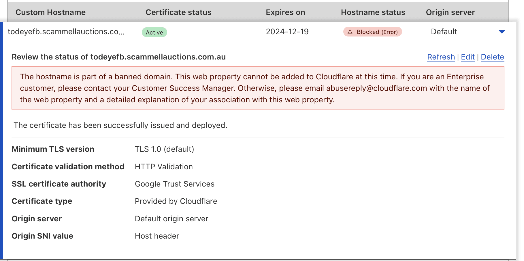 Banned domain on Cloudflare