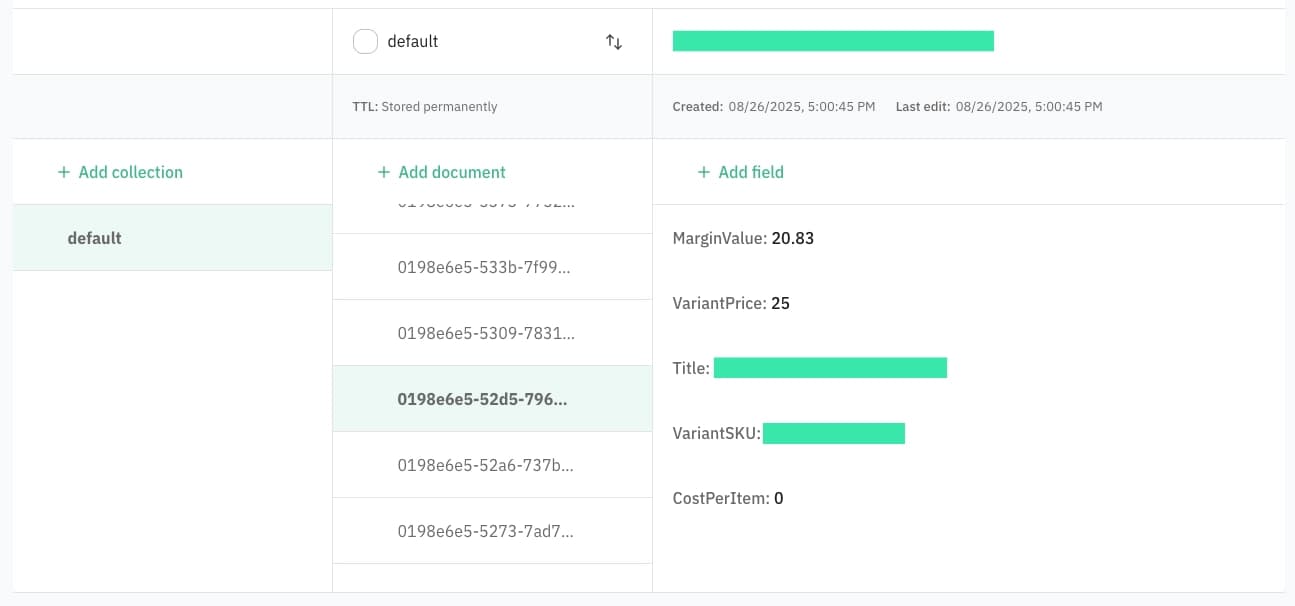 Product margin data stored inside Stape Store. Each document contains the product identifier and margin value