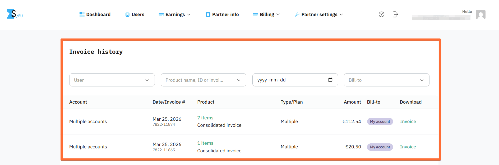 Agency/Partner invoice history