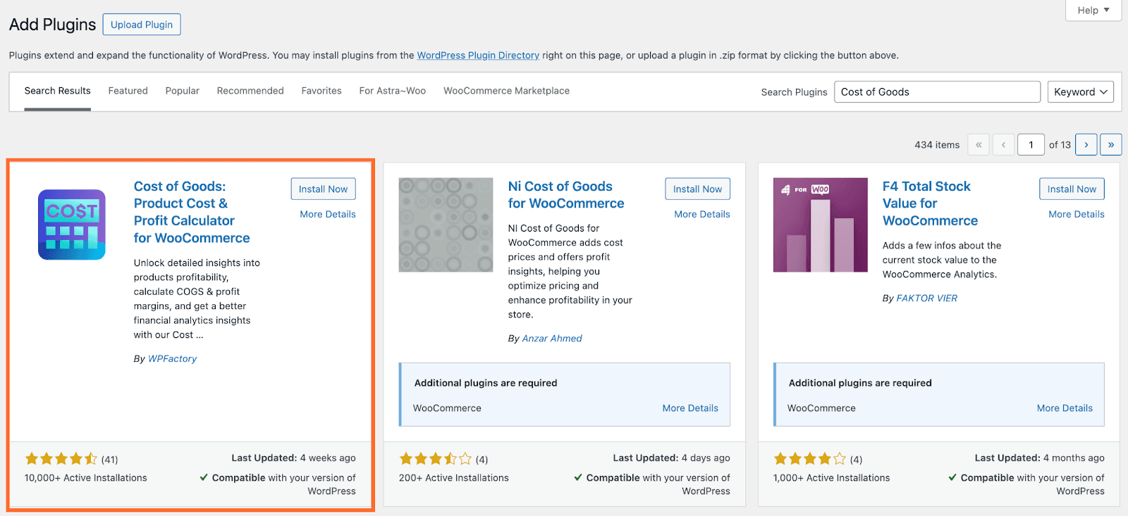 In Wordpress, go to Plugins and click Add Plugin. Search for Cost of Goods, install and activate it
