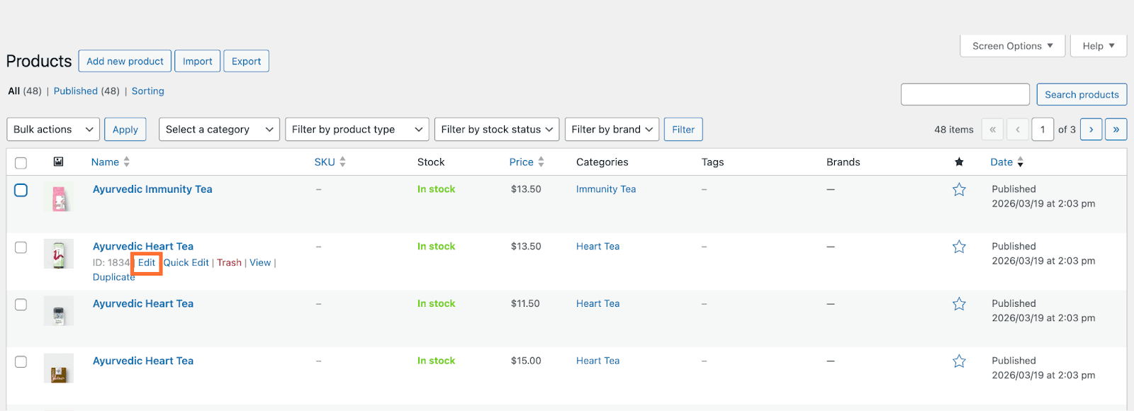 Go to Products and hover over your product. Click Edit