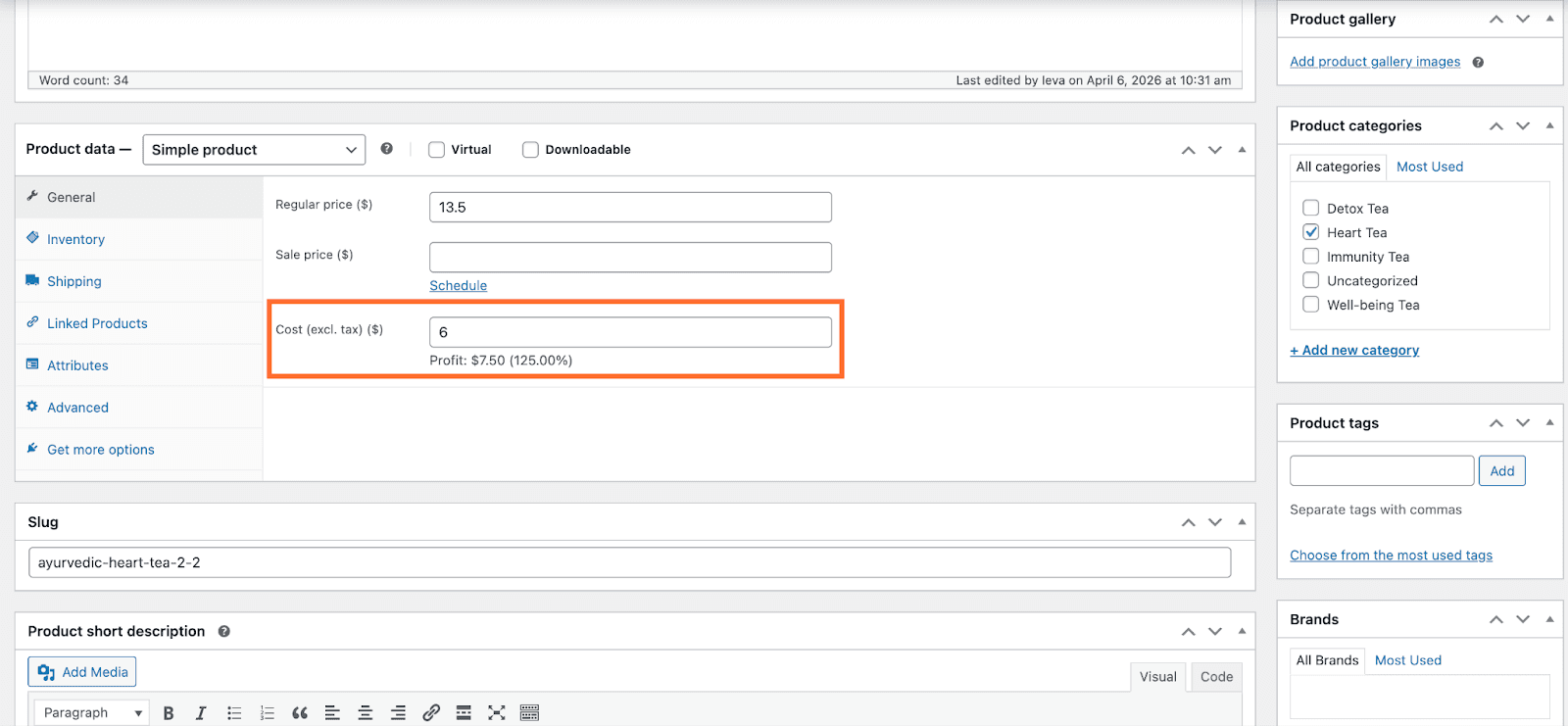 Scroll to the Product Data section. In the Cost (excl. tax) field enter the POAS of the product. Click Update in the Publish section