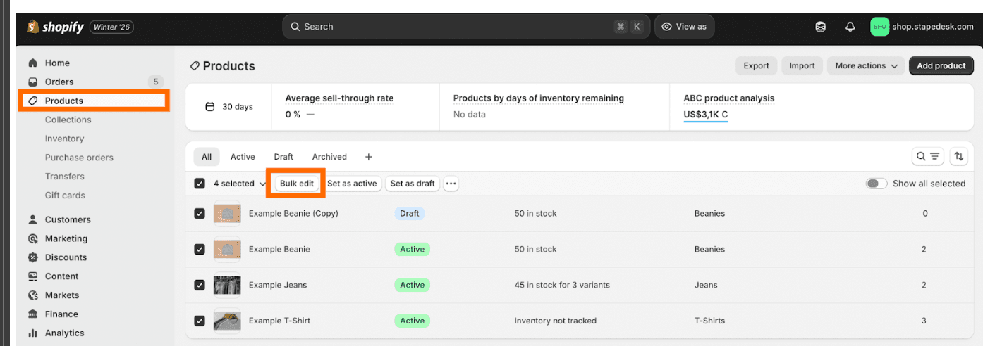 In Shopify, go to Products → select all required products → click Bulk edit