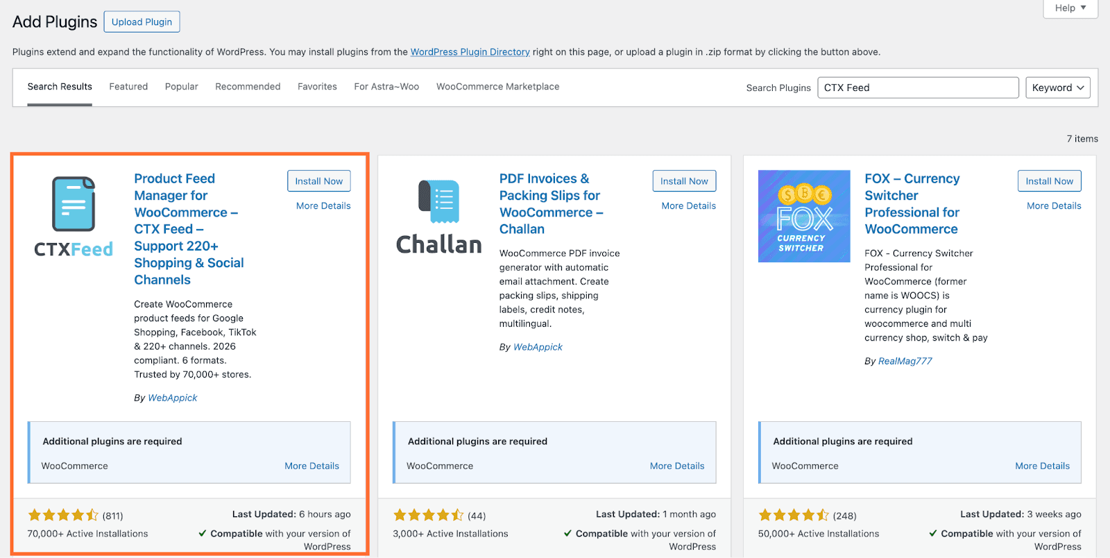 Go to Plugins and click Add Plugin. Search for CTX Feed, install and activate it
