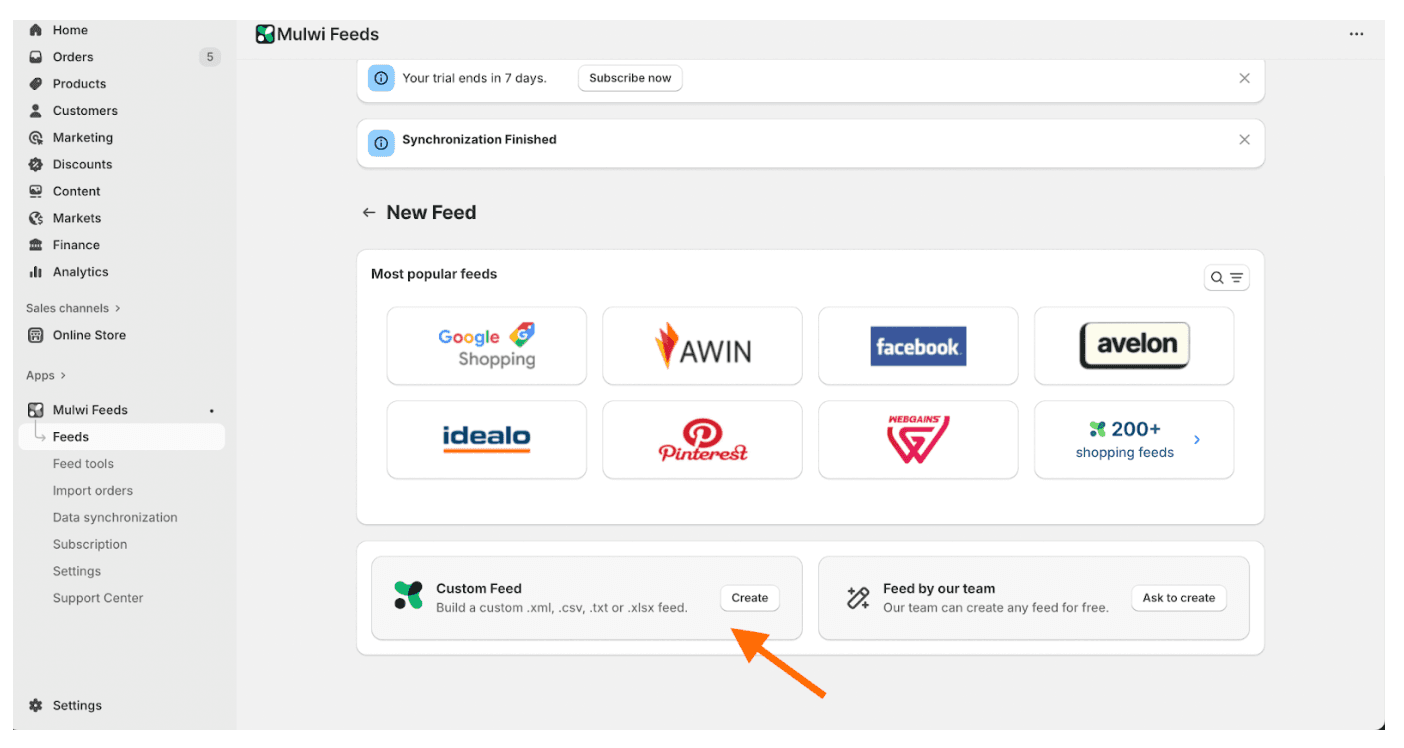 Click Create in the Custom Feed section. Select CSV as the file format, add an internal name and filename, and click Save