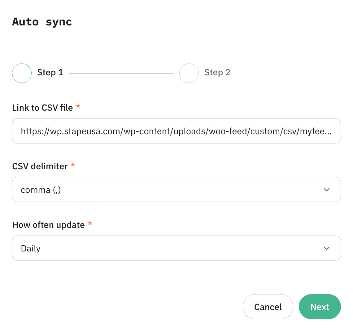 Paste the feed URL, set the CSV delimiter to comma, and choose a sync frequency. Click Next