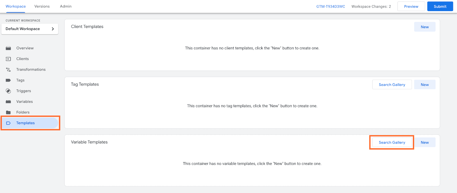 In your sGTM container, go to Templates, and in the Variable Templates section click Search gallery