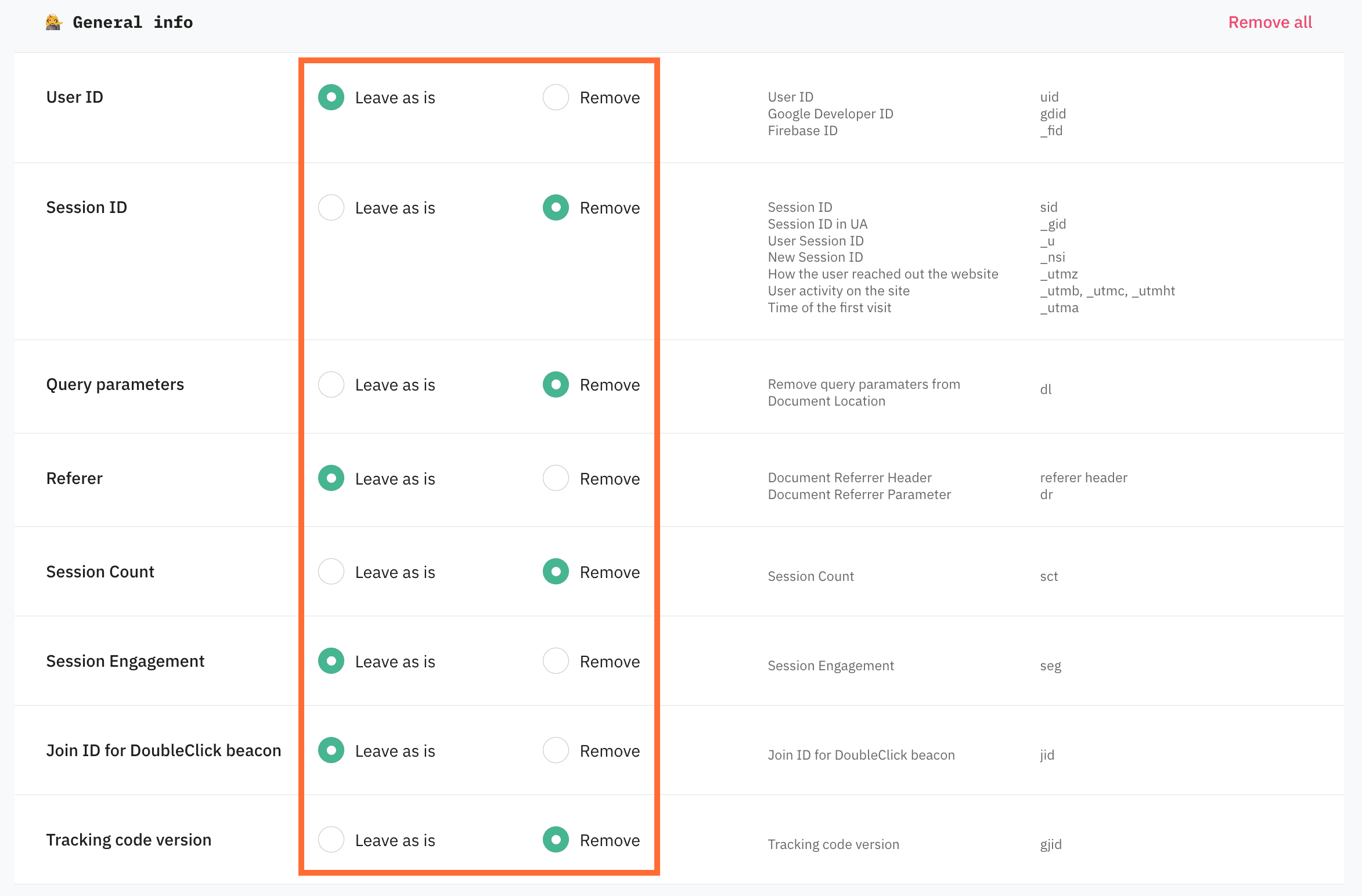 General info, System info, User agent parsed, Ads campaign attribution