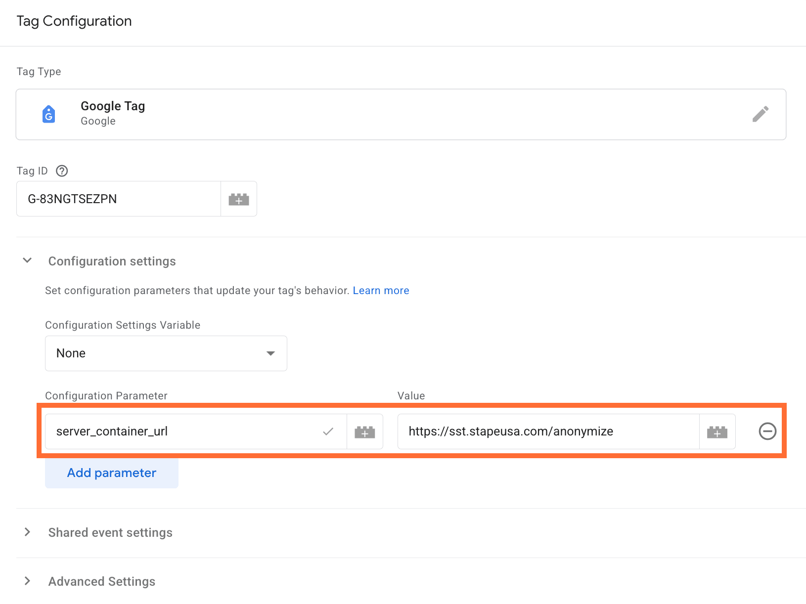 Paste the link as the Tagging Server URL in your web container’s Google tag