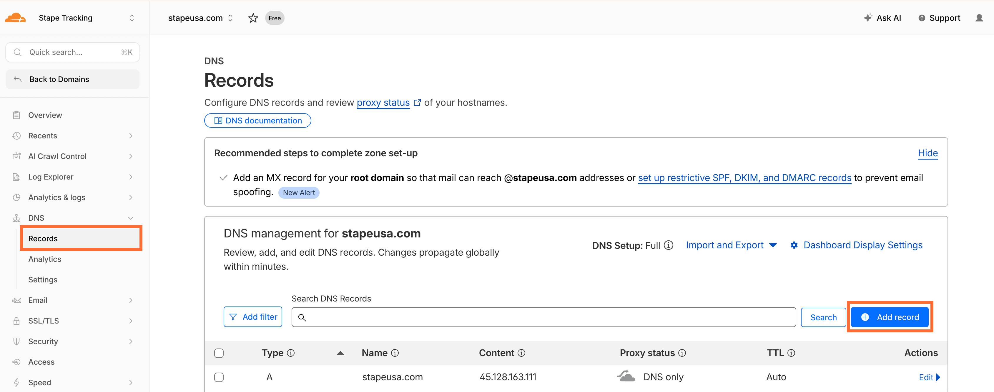 Cloudflare → Add record
