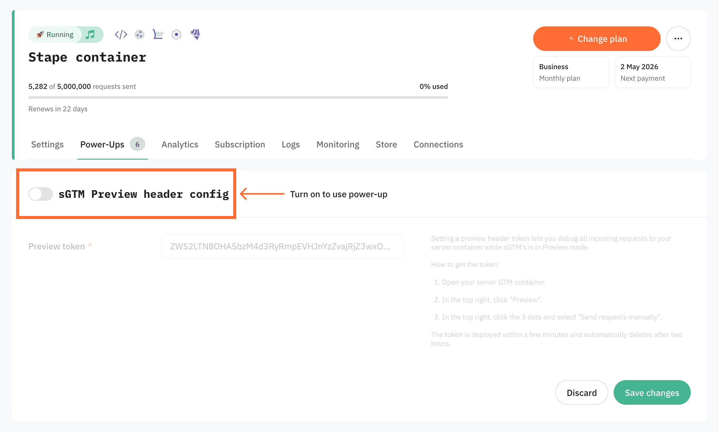 Toggle the sGTM Preview header config switch