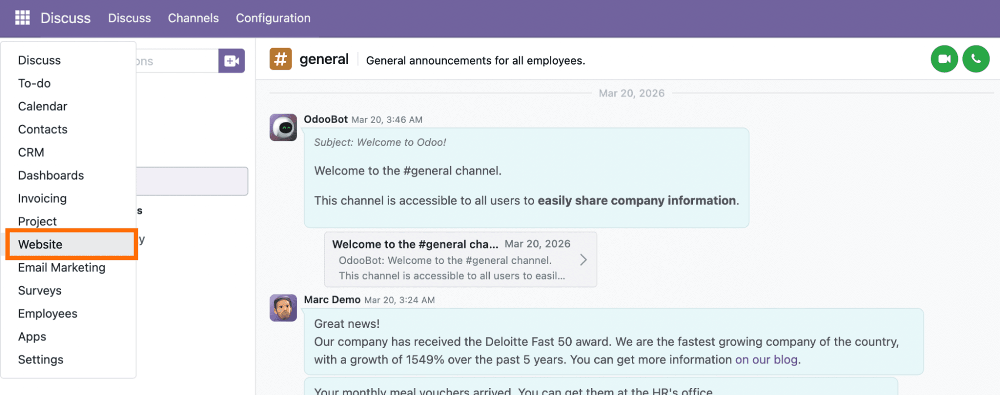 To configure the app after installation, open the Website module.